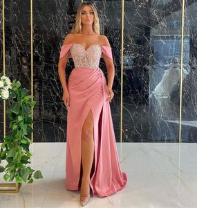 Off the Shoulder Short Sleeves Split Evening Dresses Beaded Sweep Train Satin Long Formal Prom Gowns