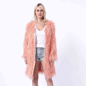 Faux Fur Coat Hairy Fluffy Women Winter Warm Long Plus Size Female Outerwear Jacket Collarless Overcoat 211207