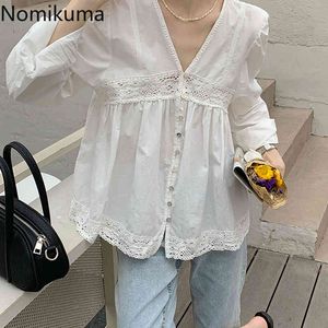 Nomikuma Camicetta a maniche lunghe con scollo a V Donna Patchwork in pizzo Camicie eleganti monopetto Chic Moda coreana Blusas Mujer 210514