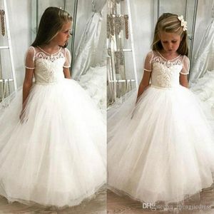 Flower Girl Dresses For Weddings Ball Gown Princess Floor Length White Lace Tulle Appliques Short Sleeve Party Pageant Gowns