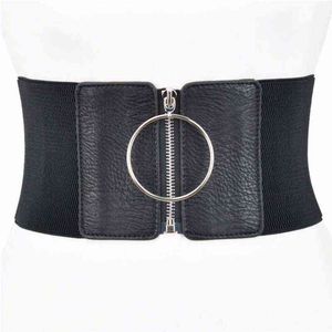 Kobiety Ultra Szeroki Pas Dla Sukienek Panie Elastyczny Paski Kobiet Big Metal Circle Ring Black Cummerbund Pasek na pasek G220301