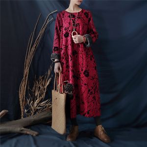 Johnature Women Jacquard Vintage Dresses Chinese Style Fleece Robes Winter 3 Color Women Cloths Warm Cotton Dresses 210521