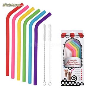 6pcs+2brush/set 23CM Candy Colors Silicone Straw Reusable Folded Bent Straight Straw Home Bar Accessory Silicone Tube sxm9