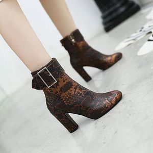 Stiefel Winter Damen Schlangendruck Pu Runde Zehe Reißverschluss Dicker Absatz High Heels Frauen Casual Party Herbst Knöchel Große Größe 36-43