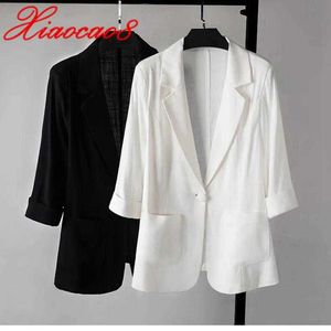 Tre qurater sommar kort blazer kvinnor bomull linne is silke femme blazers för kvinnor solida jackor svart vit kostym viersized x0721