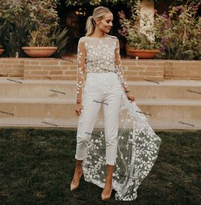 lace floral beach bridal jumpsuit with train 2021 long sleeve backless bohemian summer holiday wedding dress with pant suit2357