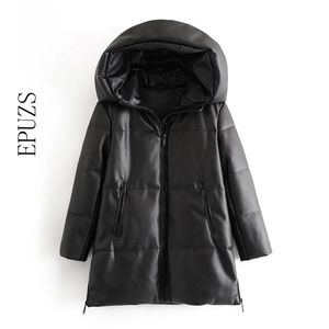 Winter Hooded Padded PU parka women Faux leather down jacket female loose zipper overcoat casual warm long coats 210521