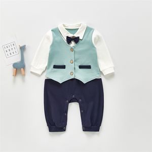 الربيع بوي الطفل الرضيع رومبير وسيم وهمية اثنين من قطعة رجلين القوس التعادل بذلة الملابس 210515
