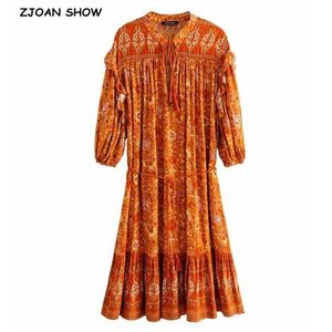 Bohemian Orange Gypsy Floral Tassel Lacing up V-Neck Ruffles Stream Waist Holiday Dress Women BOHO Dresses 210429