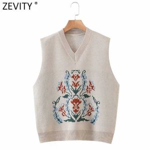 Zevity Women Vintage Totem Flower Pattern V Neck Vest Female Retro Sleeveless Casual Jacquard WaistCoat Ladies Chic Tops S661 210603