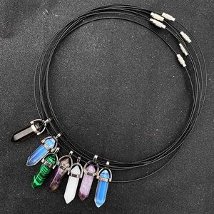 Natural Stone Crystal Handmade Hexagonal Prism Pendant Choker Necklace For Women Leather Chain Vintage Woman Jewelry