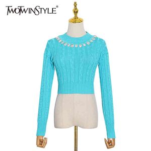 TWOTWINSTYLE Black Patchwork Diamond Sweater For Female O Neck Long Sleeve Tunic Women's Knitted Tops Autumn Fashion Style 210517