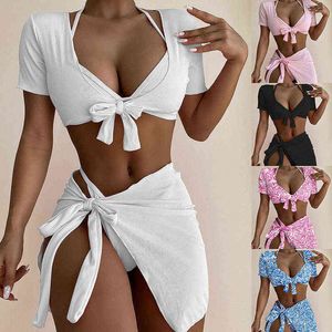 Swimsuit Sexy Bikini Split Four Piece Set Women's Swimsuit Special Fabric Leisure Style Strap Close Chest Burst 220106