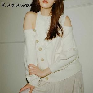 Kuzuwata Japanese Sweet Sweaters Autumn Women Jumpers Solid O Neck Sexy Off Shoulder Irregular Button Knitted Pullover 211011