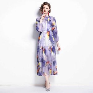 Women Summer Designer Elegant Chiffon Print Lantern Sleeve Loose Wedding Party Robe Female Vintage Mermaid Long Dress Vestidos 210525