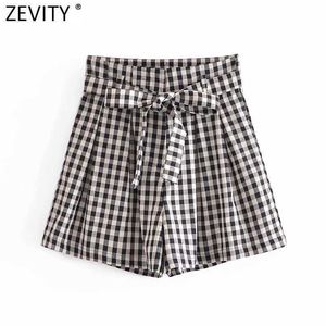 Zevity Women Vintage Plaid Print Summer Paper Bag Skirts Shorts Female Chic Bow Tied Sashes Pantalone Cortos P1132 210603