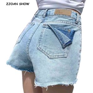 High Street Waist Break Off Pocket Tassel Cuffs Denim Spodenki Dżnur Spodnie Szerokie Dżinsy Damskie Damskie 210429