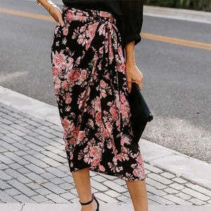 Mulheres Moda Saia Casual Verão Floral Impresso Cintura Alta Escritório Assimétrico Lady Senhora Desgaste Plus Size Mid-Length Skirt 210608