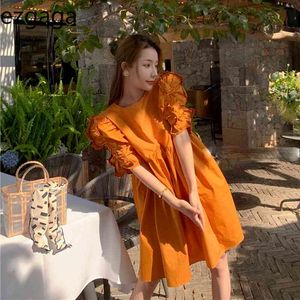 Ezgaga Kurze Puffärmel Kleid Frauen Vintage Rüschen Sommer Neue Lose Feste Hohe Taille Süße Koreanische Mode Kleider Vestidos 210430