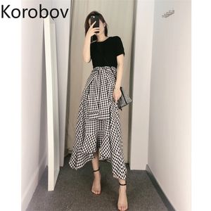 Korobov Streetwear 패션 히트 컬러 패치 워크 여성 드레스 한국어 넥 짧은 소매 격자 무늬 드레스 빈티지 높은 허리 Vestidos 210430