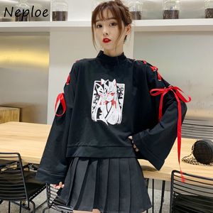 Neploe Mode Harajuku Pullover Hoody Chic Paneled Lace Up Patchwork Hoodies Frauen Cartoon-Muster Mit Kapuze Sweatshirt 210423