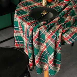 Table Cloth Christmas Tablecloth Decoration Round Green Plaid Cotton Cover Vintage Coffee Tea For Home Xmas Party Wedding