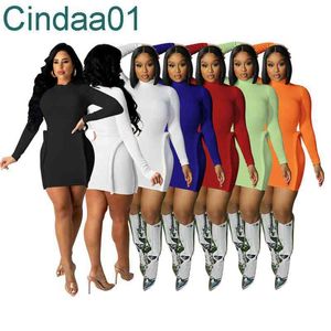 Kadın Elbise Tasarımcısı Uzun Kollu Elastik Çukur Şerit Katı Renk Ince Seksi Yüksek Boyun Etek Elbise 6 Renkler