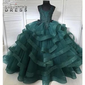 Princess Dark Green Ball Gown Girls Pageant Dresses D Appliques Ruched Ruffles Tulle Flower Girls Dresses Sweet Quinceanera Prom Wears Custom Made
