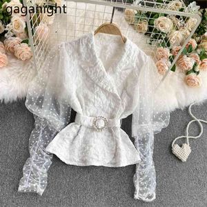 Mesh Fashion Women Shirt Vit Elegant Blus Slim Spring Outwear Toppar Långärmad Chic Koreansk Blusas Solid 210601