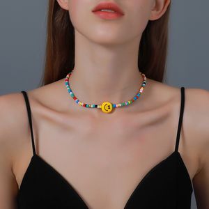 Cute Enamel Yellow Smiley Face Pendant Necklace for Women Bohemian Handmade Beaded Chain Chokers Necklace Wholesale Jewelry