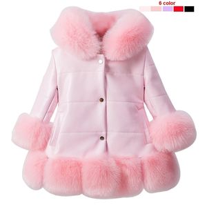子供の女の子のPUレザーパッチワークのフェイクの毛皮の襟のジャケットコートダウンパーカー太陽の冬のアウターウェア7色211204