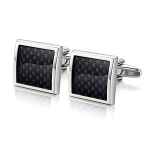 Rhodium-Plated Cuff Links Carbon-Fiber Cufflinks Silver-Tone Black Square Shirt Wedding Business