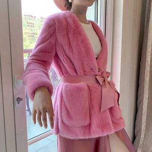 Kvinnors Fur Faux Natural Mink Kvinnor Coats 2021 Vinter Fashion Real Jacket Kvinna Ytterkläder Rosa