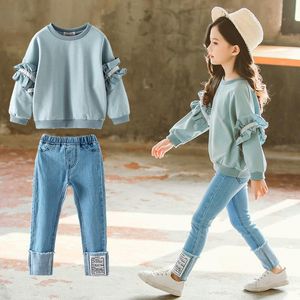 Klädset 2021 våren flickor spetsärmar tröjor jeans 2 st kostym stora barn sport träningsoveraller för barn Byxor