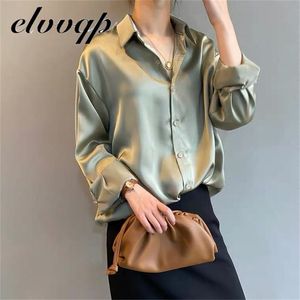 Botão de moda de primavera Up Satin Faux Silk Shirt Blusa Do Vintage Mulheres Branco Senhora Manga Longa Feminino Loose Street Shirts 210719