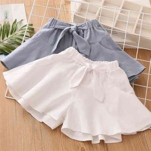 Verão Design Casual 3 4 5 6 7 8 9 10 12 Anos Algodão Branco Azul Curto Culottes Bow Shorts Para Crianças Baby Girl 210701