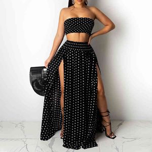 Sexig två bit klänning Set Kvinnor Polka Dots High Split Maxi Kjol med Strapless Crop Top Party Semester Outfits Klänningar 210521