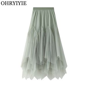 OHRYIYIE Women irregular Long Tulle Skirts Ladies High Waist Ankle-Length Tutu Maxi Beige Green Female Faldas Jupe Femme 210621