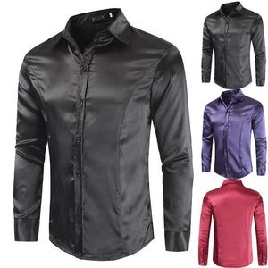 Camisetas para hombres Transpirable Casual Hombres Camisa de color sólido Camisa de manga larga delgada Primavera Otoño Versión Imitación Botón de seda Moda Top Coat