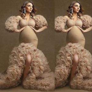2021 Ruffles Champagne Evening Dresses Tulle Kimono Kvinnor Robe Photoshoot Half Sleeves Off Shoulder Prom Gowns African Mermaid Split Maternity Dress Photography