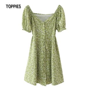 Sommarklänning Blommigryck Mini Puff Sleeve Country Style Chic Blouses Sashes A-Line Vestidos Mujer 210421