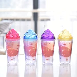 The latest 15.2OZ milk coffee straw mug, double-layer ice cream colorful cups with various styles, support customized logo