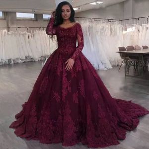 Burgundy Long Sleeves Lace Ball Gown Prom Dresses with Beaded Appliques Scoop Neck Lace-up Back Tulle Formal Evening Gowns