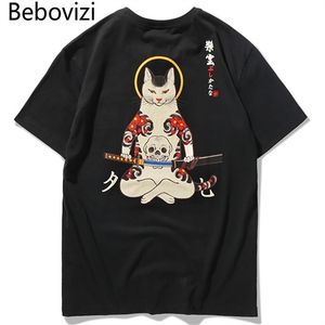Wholesale samurai cat shirt resale online - Bebovizi Brand Streetwear Japan Style Ukiyo E Funny Samurai Cat TShirts Mens Short Sleeve T shirts Hip Hop Embroidery Tees