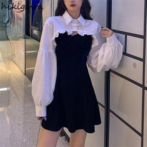Hikigawa Kobiety Odzież Ustawia Latarnia Rękaw Krótkie Koszule Z Czarną Solidną Koreańską Modą Damska Sukienka Dwa kawałek Garnitur 220302