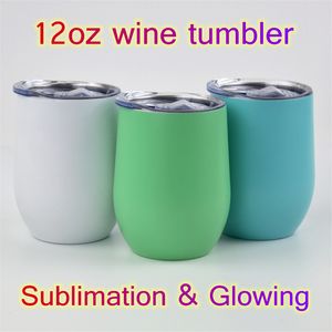 12 Unzen Sublimation leuchtende Weinbecher Edelstahlbecher mit Deckel leuchtende Malerei leere doppelwandige isolierte Vakuum-Ei-förmige DIY-Wasser-Milch-Kaffeetassen