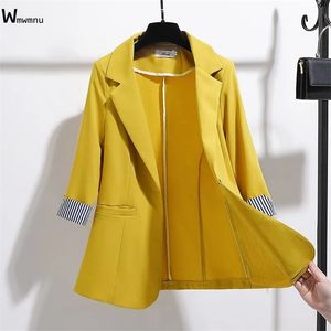 Taglie forti Giacca da abito sottile primavera estate coreana Basic Office Lady Elegante blazer sottile Cappotto manica tre quarti a righe casual 211019