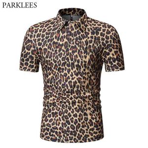 Polo sexy con stampa leopardata di moda da uomo di marca Nightclub Party Prom Polo Homme Slim Fit Polo a maniche corte Hombre XXL 210524