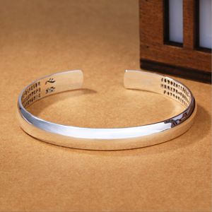 Real Pure 999 Silver Buddhist Heart Sutra Bangle Glossy Cuff Bracelet Femme Argent Scripture Bracelet Chinese Religious Jewelry 210507