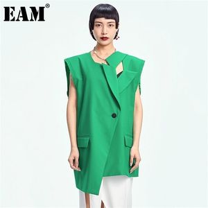 [EAM] Kobiety luźne fit zielony wielki rozmiar pusty Asymetryczna kamizelka lapowa bez rękawów moda wiosna lato 1DD7291 210909